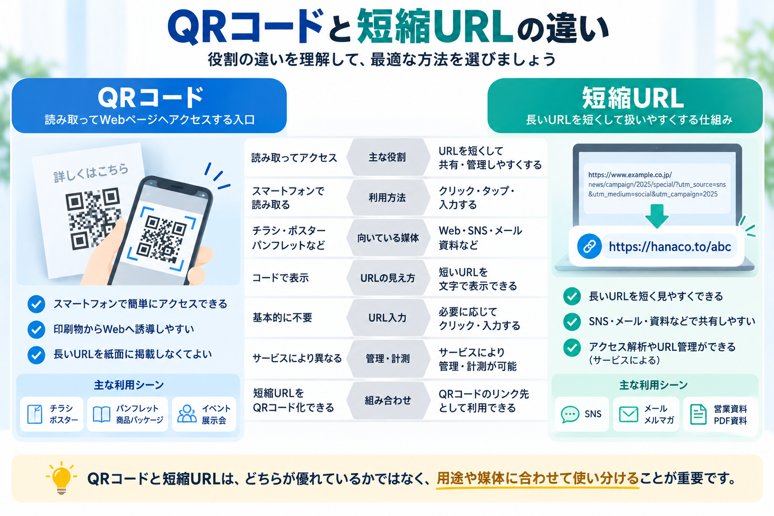 QRコードと短縮URLの役割や利用方法の違いを比較した図解