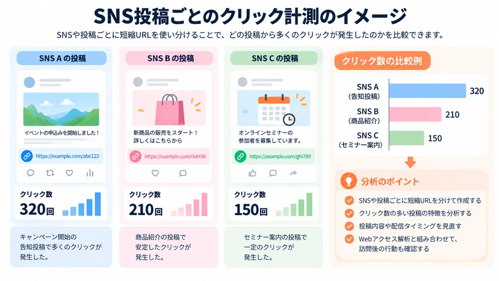SNSの投稿別クリック数を比較する図解。例示データ
