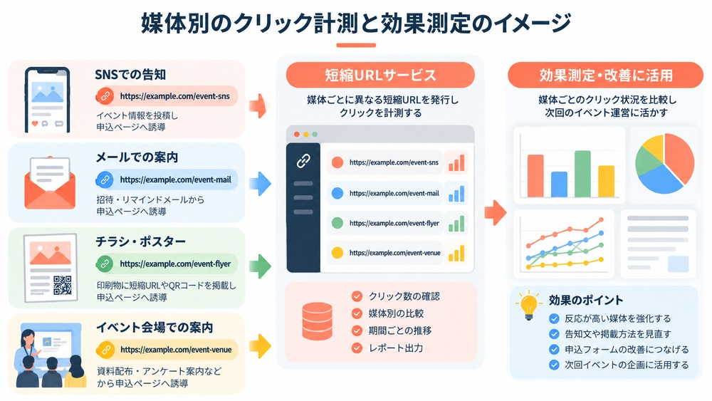 SNS・メール・印刷物・イベント会場の媒体別クリック計測と効果測定の流れ